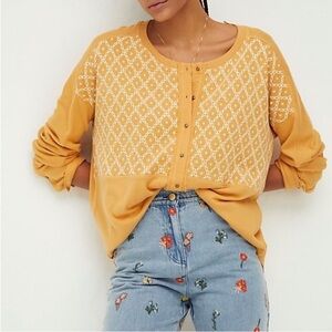 We The Free  Free People Golden Mustard Lace Embroider Detail Blouse Size Small